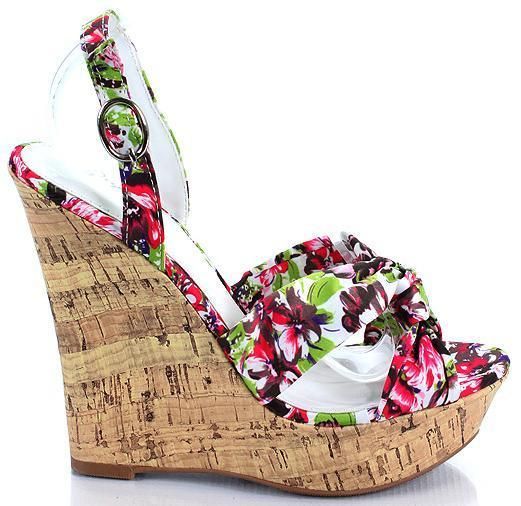 WHITE/FLORAL WEDGE Heel Open Toe Slingback Shoe Sandal  