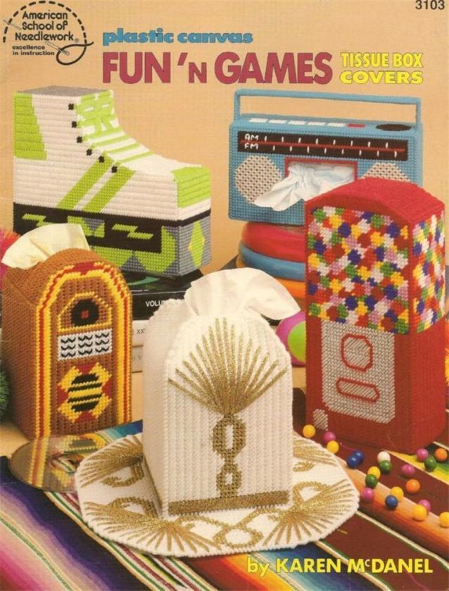   CANVAS PATTERNS PLASTIC CANVAS FUN N GAMES TISSUE BOX COVERS  