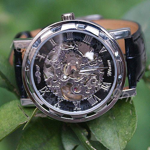 Wind up Skeleton Black Leather Mechanical Mens Watch  